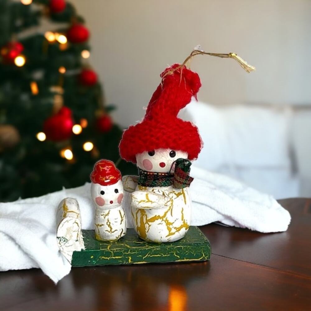 Vintage Wooden Snowmen Sledding Christmas Ornament